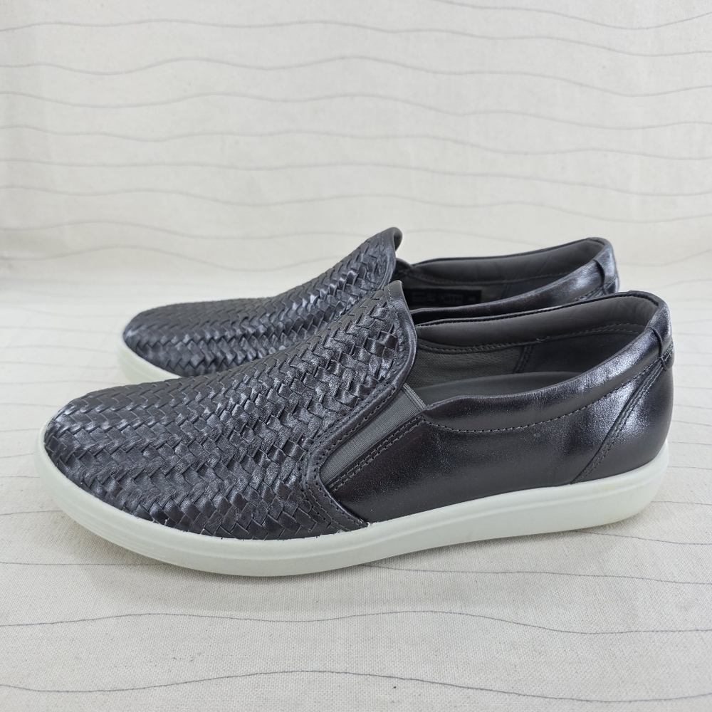 Ecco Womens Soft 7 Woven Leather Pewter Gray Slip On Loafers Shoes Size 40 EU - Picture 2 of 11